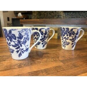 Paula Deen Tatnall Street Blue Floral Ceramic Coffee Mug Set of 3